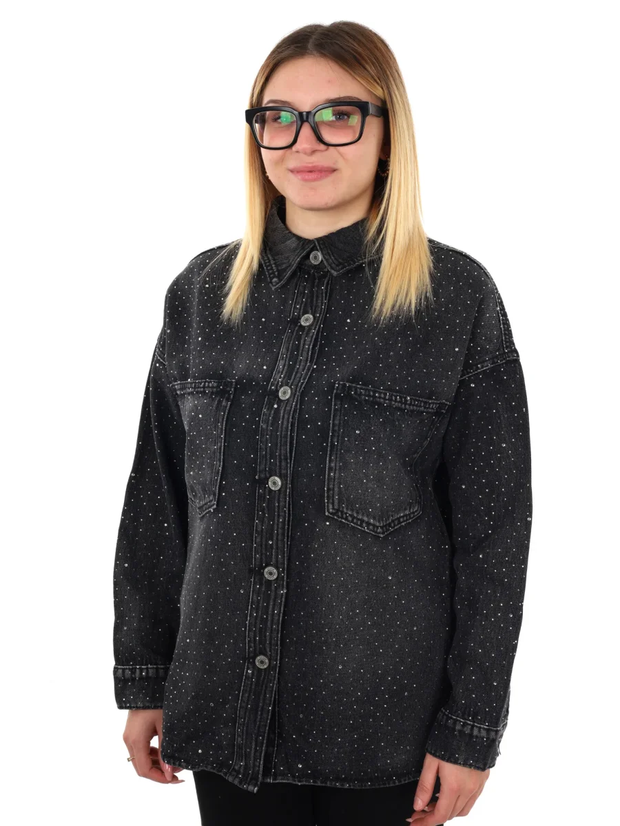 CAMICIA IN DENIM CON STRASS MISS LOVE DA DONNA NERO - immagine 2