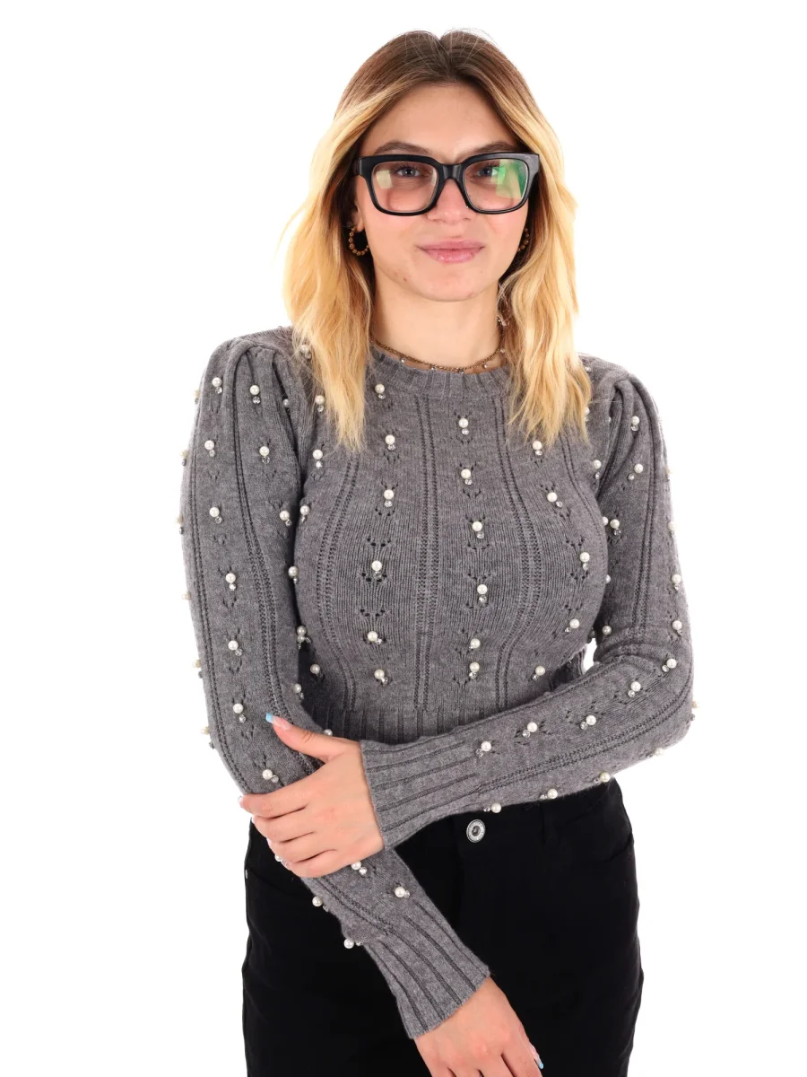 MAGLIA CROP CON PERLE MISS LOVE DA DONNA GRIGIO - immagine 2