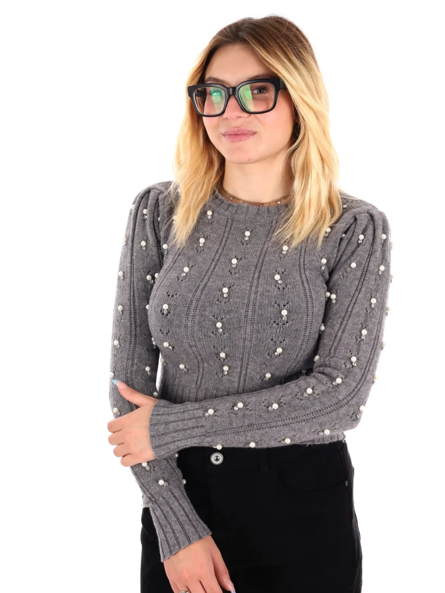 MAGLIA CROP CON PERLE MISS LOVE DA DONNA GRIGIO - immagine 3