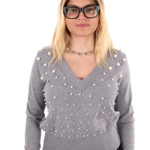 MAGLIA SCOLLO A V E PERLE MISS LOVE DA DONNA GRIGIO