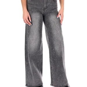 JEANS PANTAPALAZZO VITA ALTA CON STRASS MISS LOVE DA DONNA DENIM GRIGIO