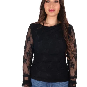 T-SHIRT NERA MISS LOVE A MANICHE LUNGHE IN PIZZO DA DONNA