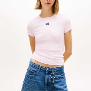 T-SHIRT ROSA SLIM TOMMY JEANS A COSTINE DA DONNA
