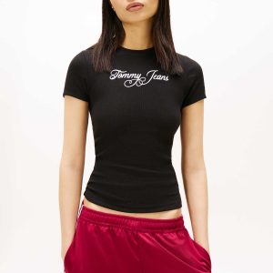 T-SHIRT NERA TOMMY JEANS A COSTINE ESSENTIALS LOGO DA DONNA