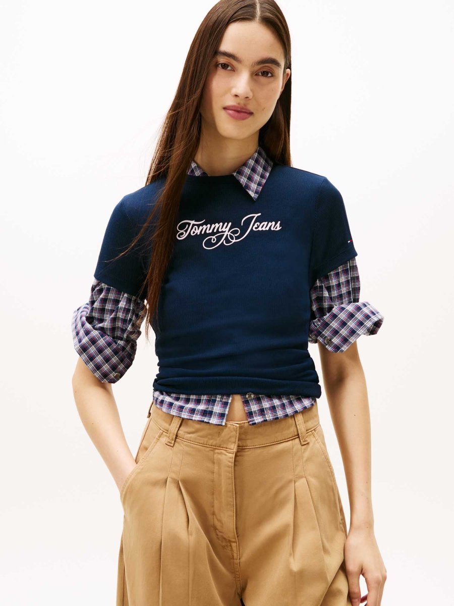 T-SHIRT BLU TOMMY JEANS A COSTINE ESSENTIALS LOGO DA DONNA