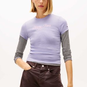 T-SHIRT LILLA TOMMY JEANS A COSTINE ESSENTIALS LOGO DA DONNA