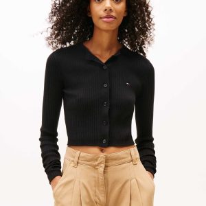 CARDIGAN CROP NERO TOMMY JEANS CON LOGO DA DONNA