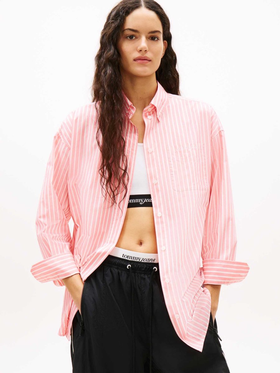 CAMICIA A RIGHE ROSA-BIANCA TOMMY JEANS OVERSIZE DA DONNA