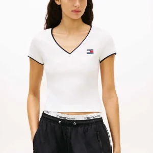 T-SHIRT BIANCA TOMMY JEANS CON SCOLLO A V DA DONNA