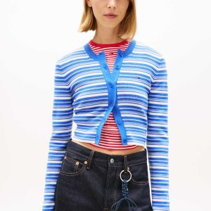 CARDIGAN AZZURRO TOMMY JEANS CROP A RIGHE DA DONNA