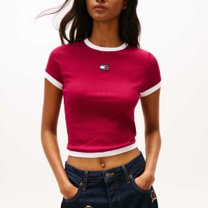 T-SHIRT CILIEGIA A COSTINE CON LOGO TOMMY JEANS DA DONNA