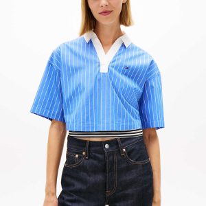 CAMICIA AZZURRA TOMMY JEANS POPOVER A MANICHE CORTE DA DONNA