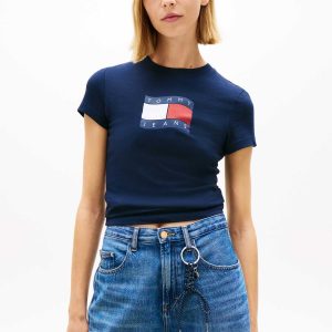 T-SHIRT BLU TOMMY JEANS CON STEMMA BANDIERA DA DONNA
