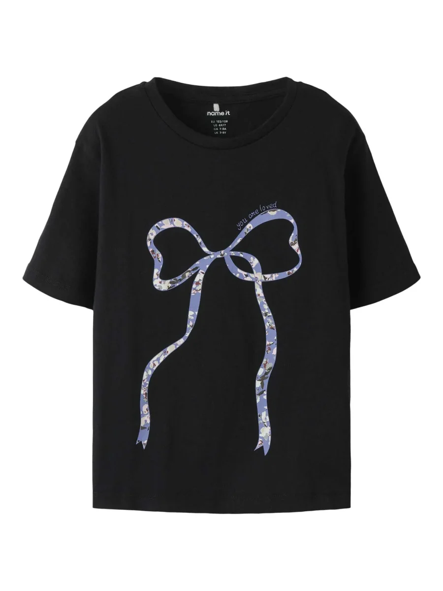 T-shirt unisex Name It NkfTabea nera con stampa fiocco floreale - immagine 3