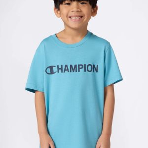 T-SHIRT GIROCOLLO CON LOGO CHAMPION DA BAMBINO CELESTE