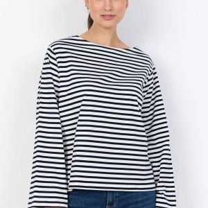 T-SHIRT A MANICHE LUNGHE BIANCO-BLU SOYA CONCEPT A RIGHE DA DONNA