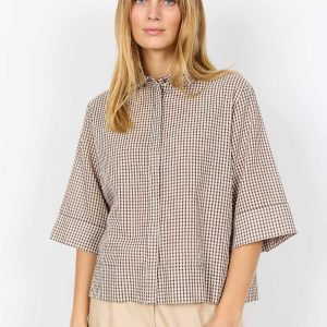 CAMICIA MARRONE-BIANCA SOYA CONCEPT CON MANICHE A CAMPANA DA DONNA