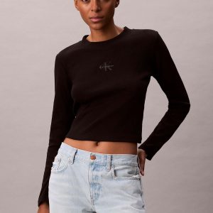 T-SHIRT NERA CALVIN KLEIN JEANS MANICHE LUNGHE SLIM FIT DA DONNA