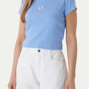T-SHIRT AZZURRO CALVIN KLEIN JEANS CROP A COSTINE DONNA