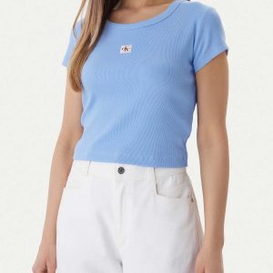 T-SHIRT AZZURRA CALVIN KLEIN JEANS CROP A COSTINE DONNA