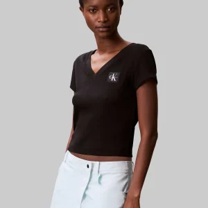 T-SHIRT A COSTINE SCOLLO A V CALVIN KLEIN JEAND DONNA NERO