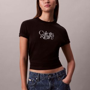 T-SHIRT CROP FITTED SCRIPT CALVIN KLEIN JEANS DA DONNA NERO