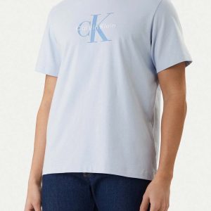 T-SHIRT CELESTE CALVIN KLEIN JEANS CON LOGO RICAMATO DA UOMO