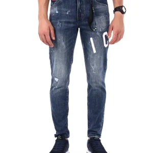 JEANS SLIM CON STAMPA LOGO ICON DA UOMO BLU DENIM